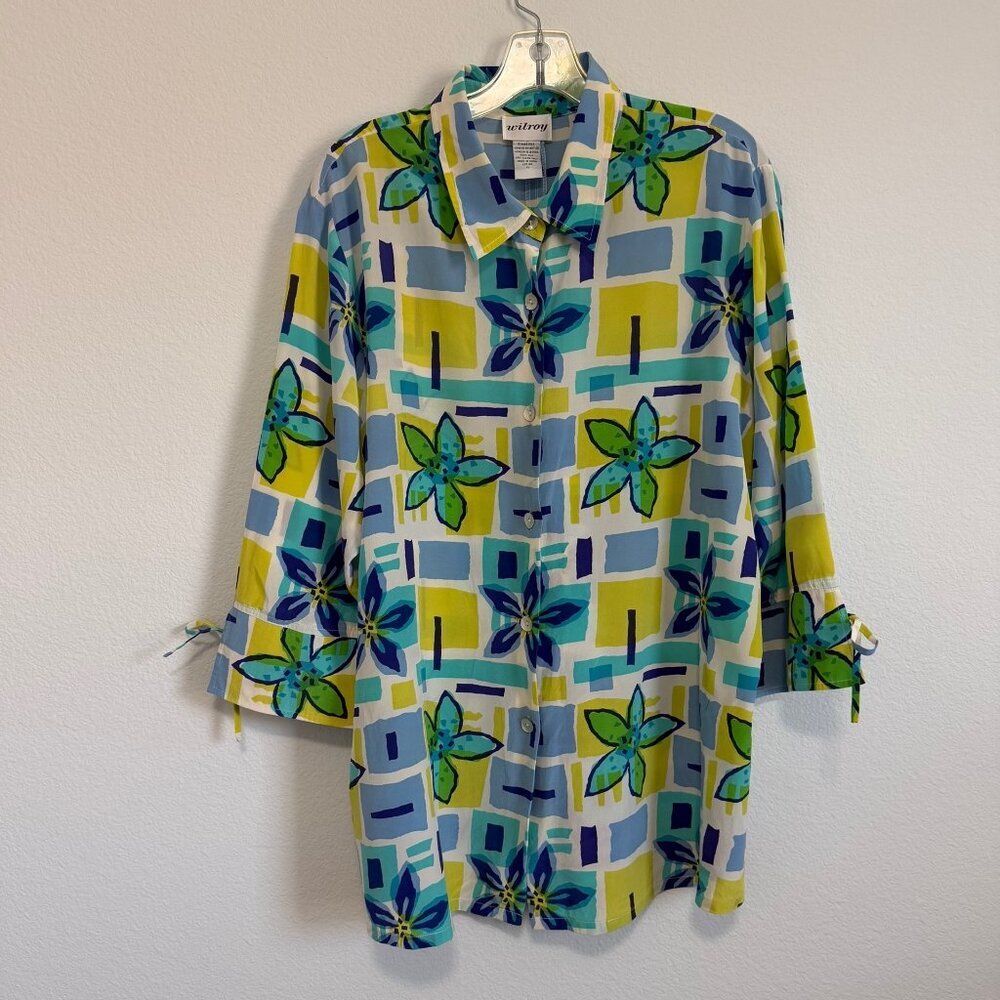 Wilroy 100% Silk 3/4 Sleeve Button Front Colorful Floral Blouse Women's Size XL